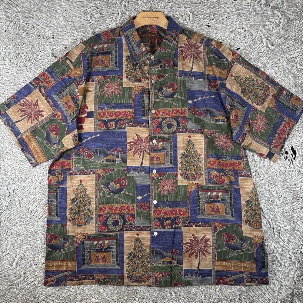 Tori Richard Christmas Cotton Lawn Hawaiian Shirt Mens XL Short Sleeve Santa USA